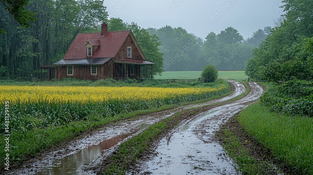 Fototapeta premium Rural house on a rainy day