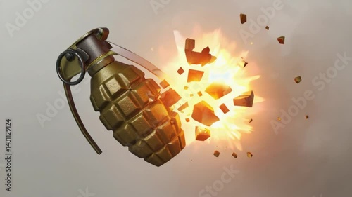 Hand grenade exploding with fiery sparks. Ideal for action and conflict themes.