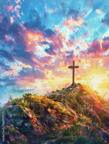 Cross standing on a hilltop at sunset, surrounded by colorful clouds and nature, representing hope and renewal during the Good Friday celebration