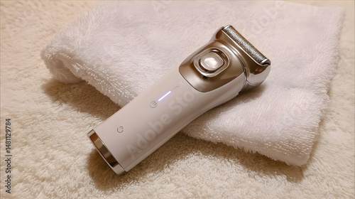 Ergonomic LED lit facial hair shaver showcased on crisp countertop for precise grooming effortless styling