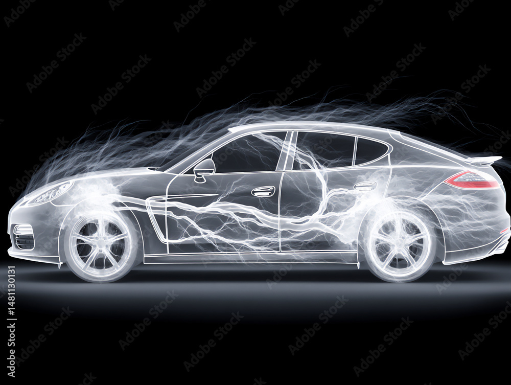 Naklejka premium futuristic 3d rendering showcasing the ai brain of an autonomous vehicle processing information from various sensors in real-time, abstract data flow visualization,