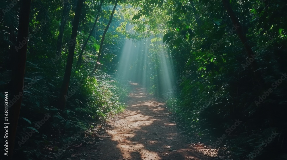 Fototapeta premium Sunbeams Illuminating a Forest Path