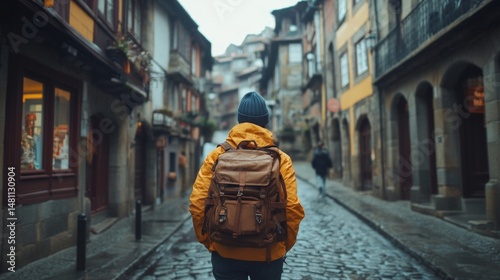 Wallpaper Mural Solo Traveler with Backpack Exploring Cobblestone Streets of Historic European City Torontodigital.ca
