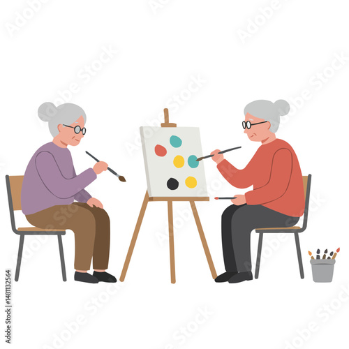Elderly friends painting together - passionate senior friends working at easels in bright studio, their faces lit by warm light, atmosphere of creativity and heartfelt connection.