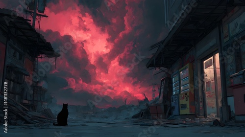 A cat surveys the wreckage of a burned-out arcade revealing haunting urban decay mystery scenes