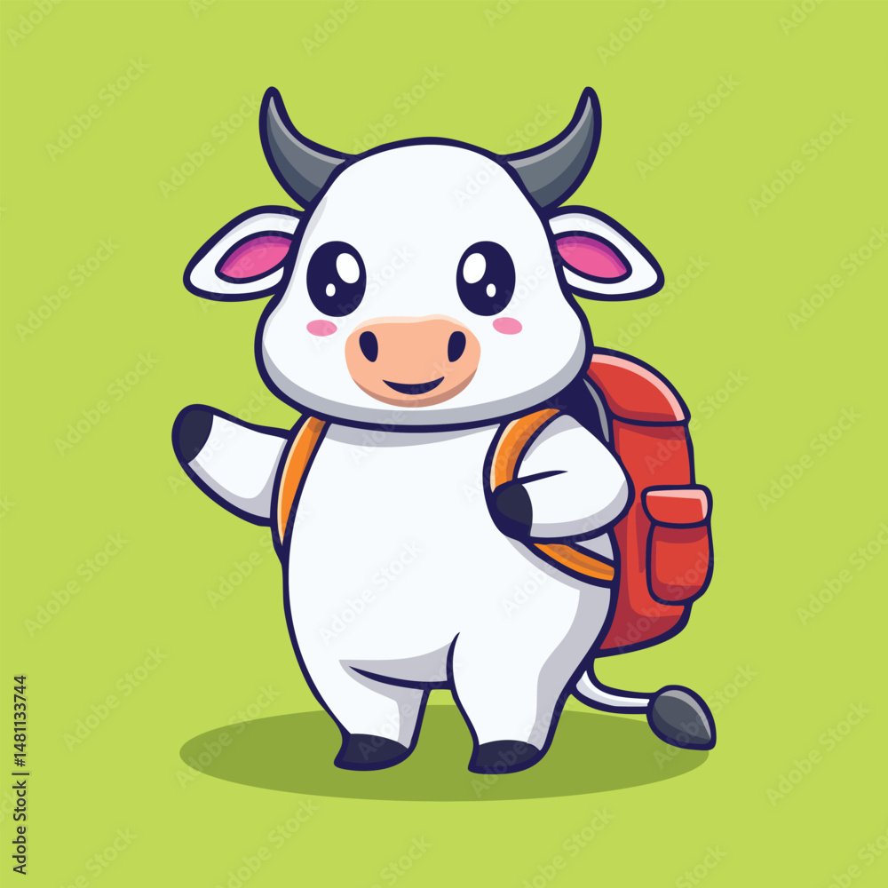 Obraz premium chubby buffalo calf carrying a red backpack