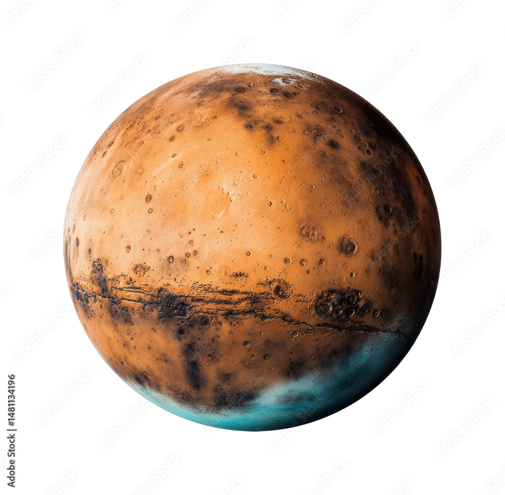 Fototapeta premium Detailed view of mars showing surface craters and polar ice caps, cut out - stock png.