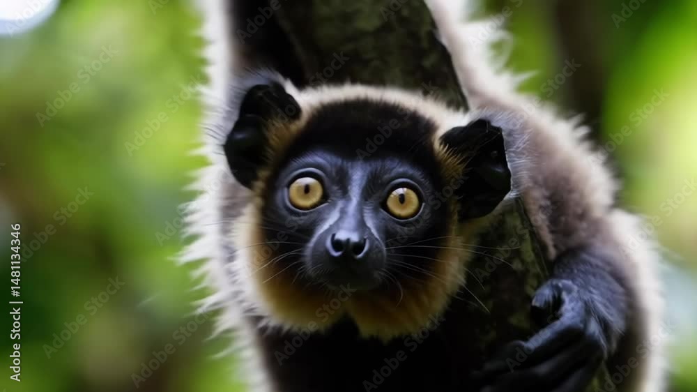 Black lemur with golden fur hanging on a tree branch Black lemur with golden fur hanging on a tree branch