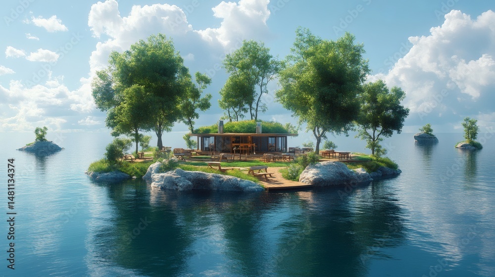 Obraz premium Island House with Trees in Water, Chair and Table in the yard perfect for Barbeque Party