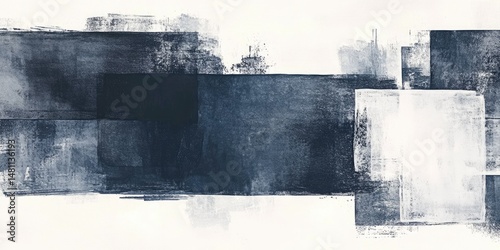 Abstract geometric shapes in shades of blue and white.  Brushstrokes create layered squares and rectangles.  Soft textures blend color and form