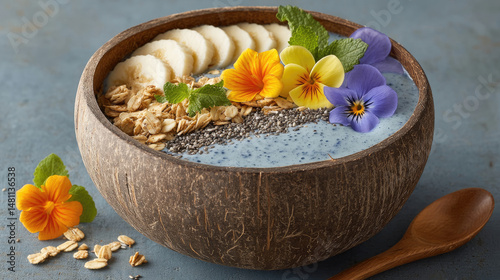 Delightful smoothie bowl with granola, fruit, and flowers. Healthy food presentation
