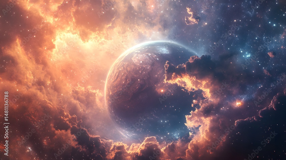 Obraz premium Colorful celestial body amidst a nebula of cosmic clouds.