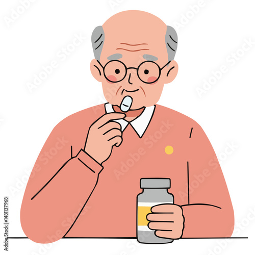 Elderly man taking vitamins - caring senior gentleman taking morning vitamins in kitchen, sunlight creating warm atmosphere of health consciousness.