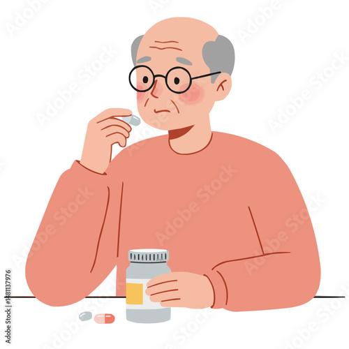 Elderly man taking vitamins - caring senior gentleman taking morning vitamins in kitchen, sunlight creating warm atmosphere of health consciousness.