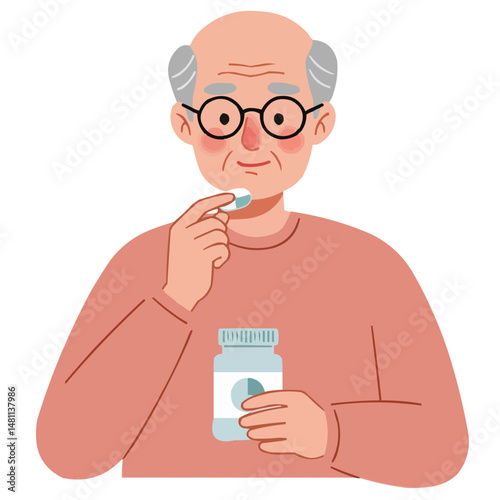 Elderly man taking vitamins - caring senior gentleman taking morning vitamins in kitchen, sunlight creating warm atmosphere of health consciousness.