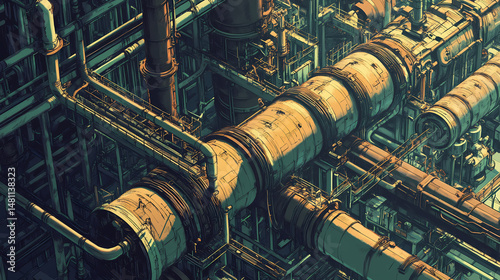 Huge industrial area multiple pipes valves are arranged district heating, photo. [Steamspire Wastes] | Heatline City | thermal grid. Illustration