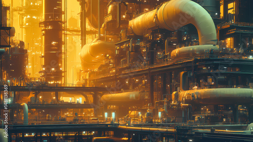 Huge industrial area multiple pipes valves are arranged district heating, photo. [Steamspire Wastes] | Heatline City | thermal grid. Illustration