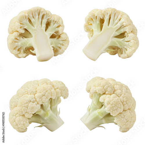 Four cauliflower florets isolated on transparent background