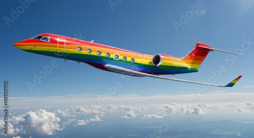 Rainbow Colored Private Jet Flying in the Clear Blue Sky