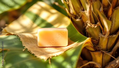 Natural Handmade Soap Bar on Tropical Leaf