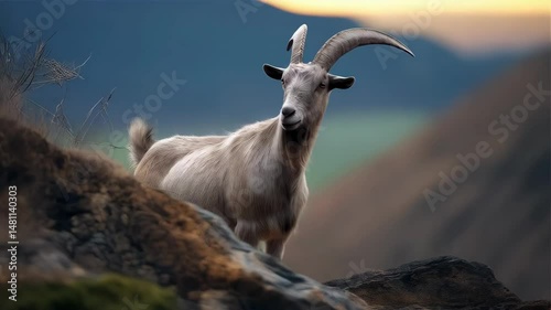 Majestic goat stands proudly atop rugged rocks with long curved horns and furry coat against a soft blue backdrop in natural landscape.