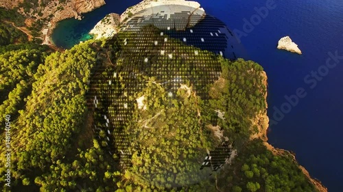 Forest peninsula appearing overhead, showing winding trails, rocky cove, dotted globe overlay