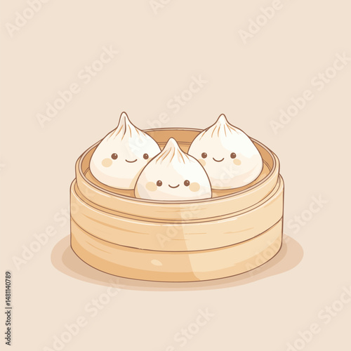 Adorable steamed dumplings illustration in bamboo basket with happy expressions