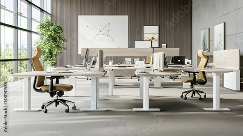 Modern office space with adjustable height desks and comfortable chairs.
