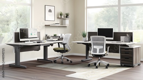 Modern, ergonomic home office setup with two desks.