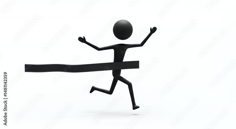 Obraz premium Black Stickman Athlete Crossing Finish Line Depicting Triumph on Clean White Backdrop