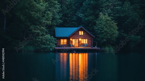 Secluded lakeside cabin nestled in a tranquil forest at night