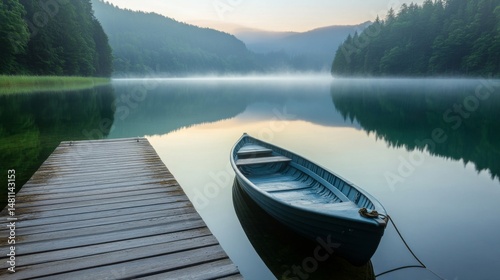 Serene Lake Mist at Sunrise with Rowboat and Wooden Dock