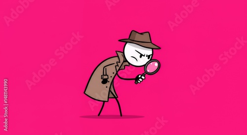 Determined Stickman Detective Examining Clues with Magnifying Glass in Pixelated Style Against Pink Backdrop