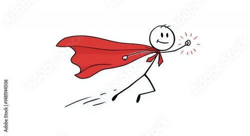 Dynamic Stickman Superhero Midflight with Red Cape Displaying Powers Against Clean White Background Perfect for Motivational Design