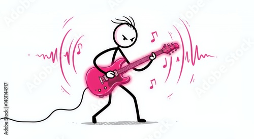 Energetic Stickman Musician Plays a Pink Electric Guitar Against White Canvas Filling the Visual Void with Sound