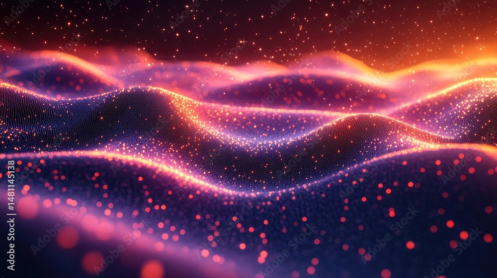 Obraz premium Abstract digital landscape with glowing particles. Dynamic, flowing, vibrant, shimmering, energy, data, waves, abstract art, glowing
