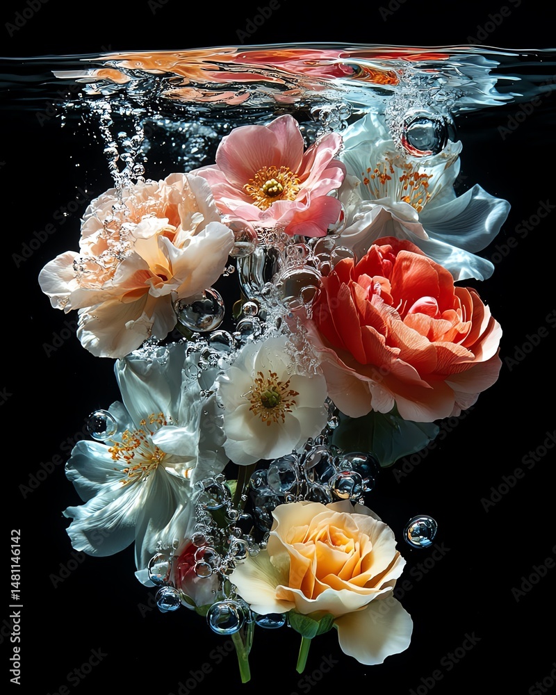 Flowers in Water Bubbles Commercial Imagery with Balanced Composition high resolution for isolate image
