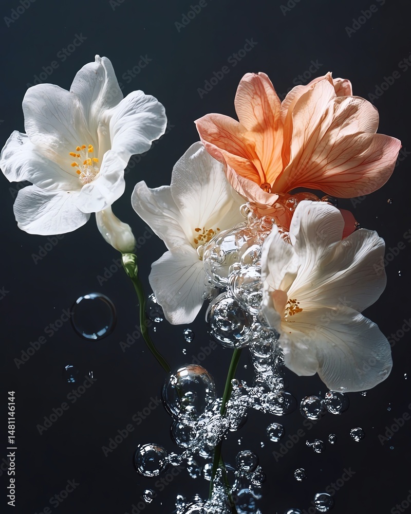 Flowers in Water Bubbles Commercial Imagery with Balanced Composition high resolution for isolate image