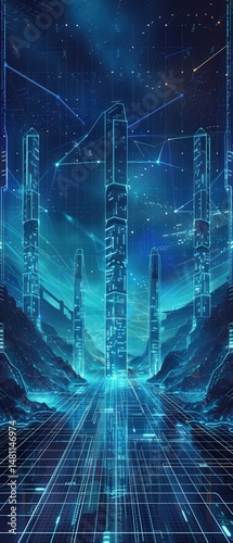 Deep blue and cyan hues dominate a futuristic digital landscape, glowing towers rise above wireframe grids. photo