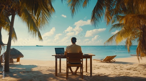 Freelancer working remotely in a tropical destination, laptop on a beach table, digital nomad lifestyle, balancing work and travel, business freedom concept – high-quality AI image