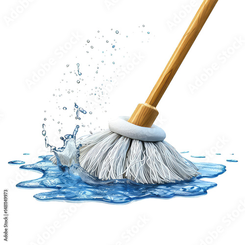 A mop is in the water with a splash of water on the floor