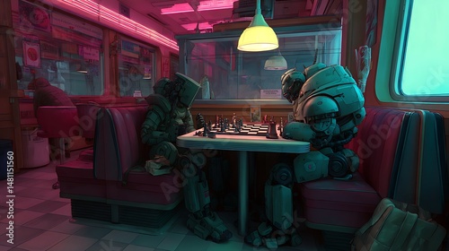 A retired war mech playing chess against itself in a neon-drenched diner booth