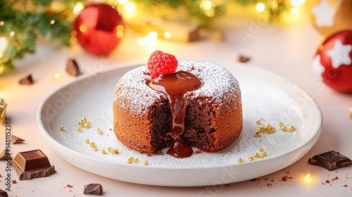 Decadent Chocolate Lava Cake with Raspberry and Festive Decorations