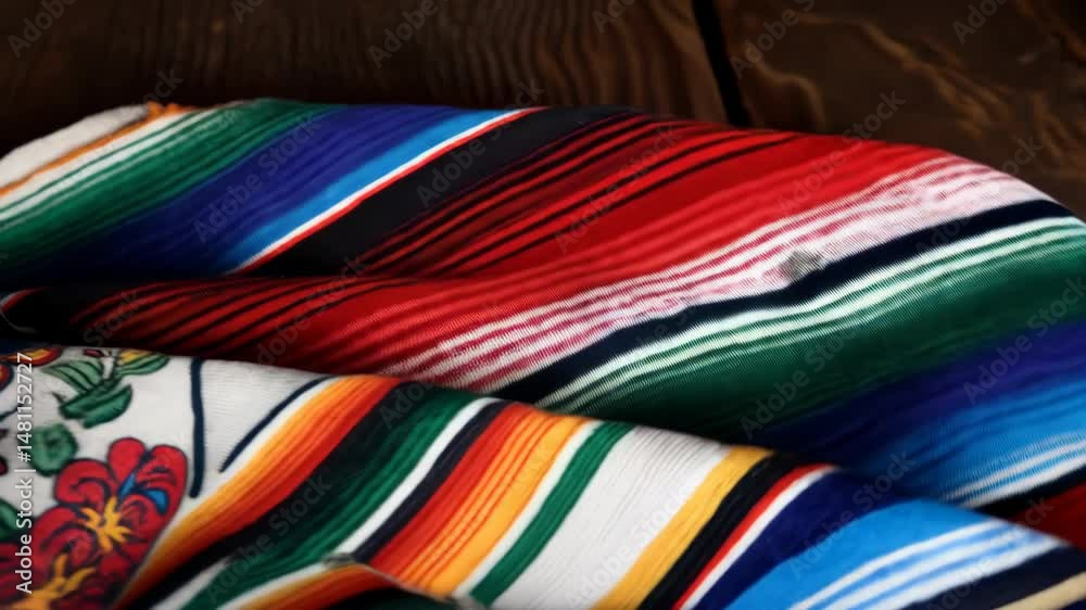 Folded colorful striped fabric and floral textile with flower motif on a rustic wood surface, showcasing vibrant textile art