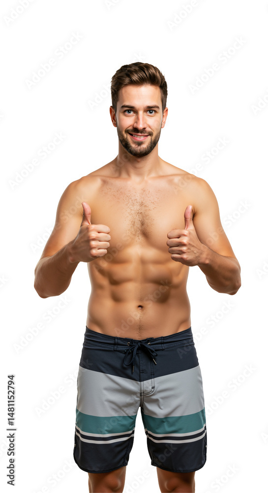 Fototapeta premium Happy young adult Caucasian man with a beard, shirtless in striped board shorts, smiling and giving two thumbs up, isolated on a transparent background.