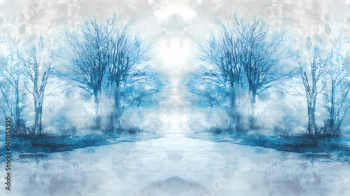 Magical winter landscape of frosty snow in misty forests. [Mirrored Realms] | Echo Forest | soundless copy. Illustration