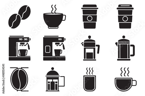 Black and white vector icons set includes kitchen silhouettes like pot, pan, cup, spoon, knife, and kettle