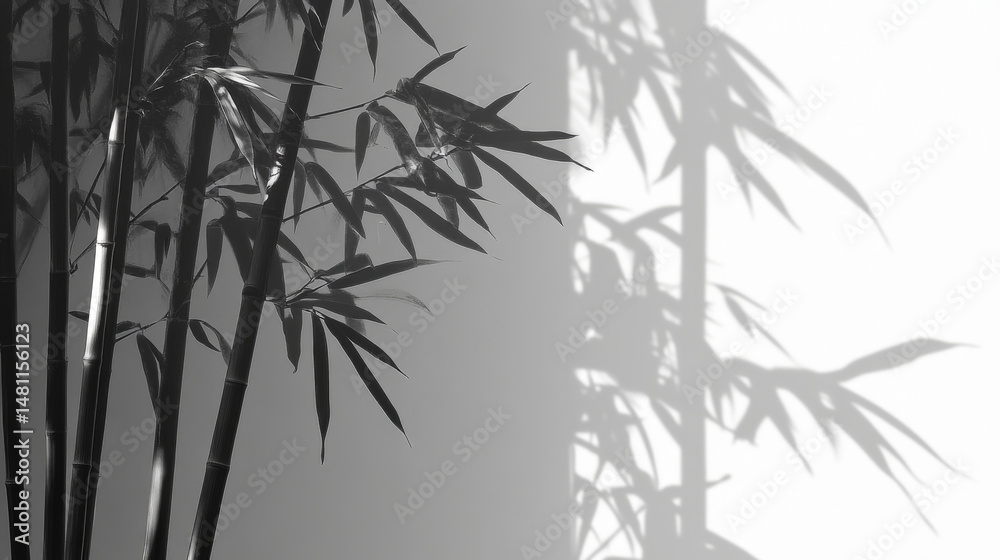 Obraz premium Light and shadow of bamboo leaves from a bamboo forest on a white wall, Chinese style