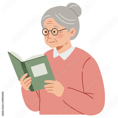Elderly woman holding open book - wise senior woman with gentle expression holds open book, sunlight softly illuminating pages, creating cozy reading and learning atmosphere.