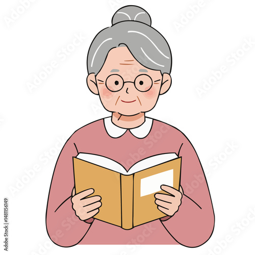 Elderly woman holding open book - wise senior woman with gentle expression holds open book, sunlight softly illuminating pages, creating cozy reading and learning atmosphere.